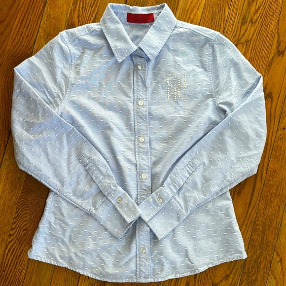 Carolina Herrera CH Swiss dot blue button down shirt pearl embroidered XS - Picture 1 of 6